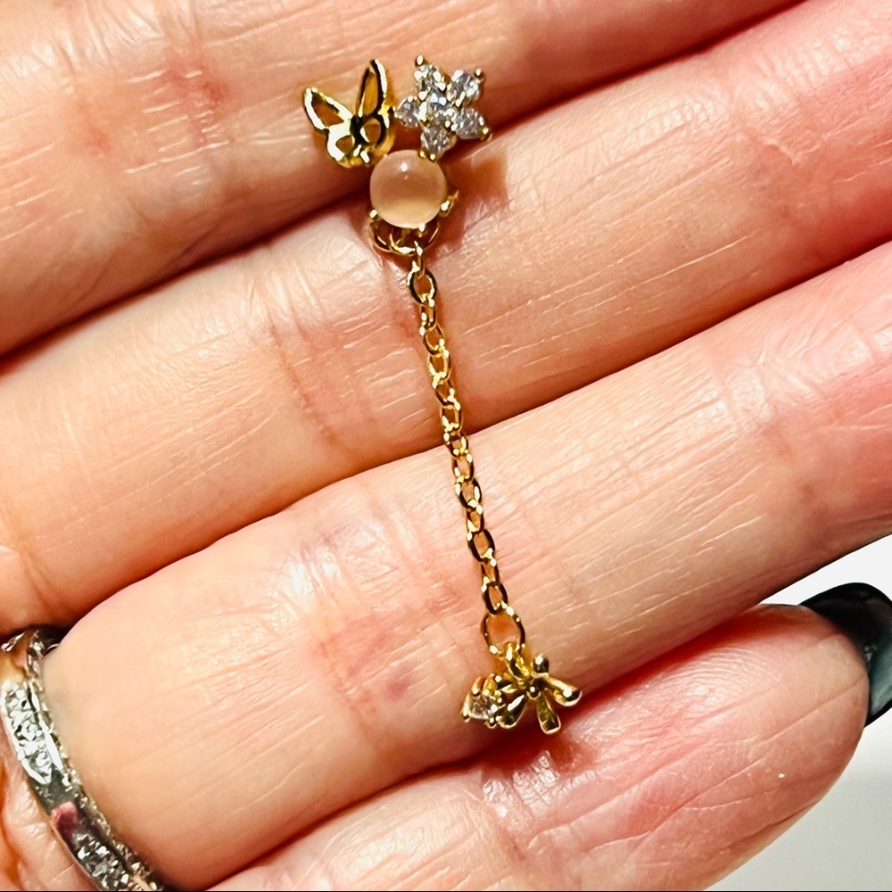 Pink Crystal Ball Floral Garden Butterfly Gold Pierced Drop Chain Earrings 2pc - Picture 5 of 10